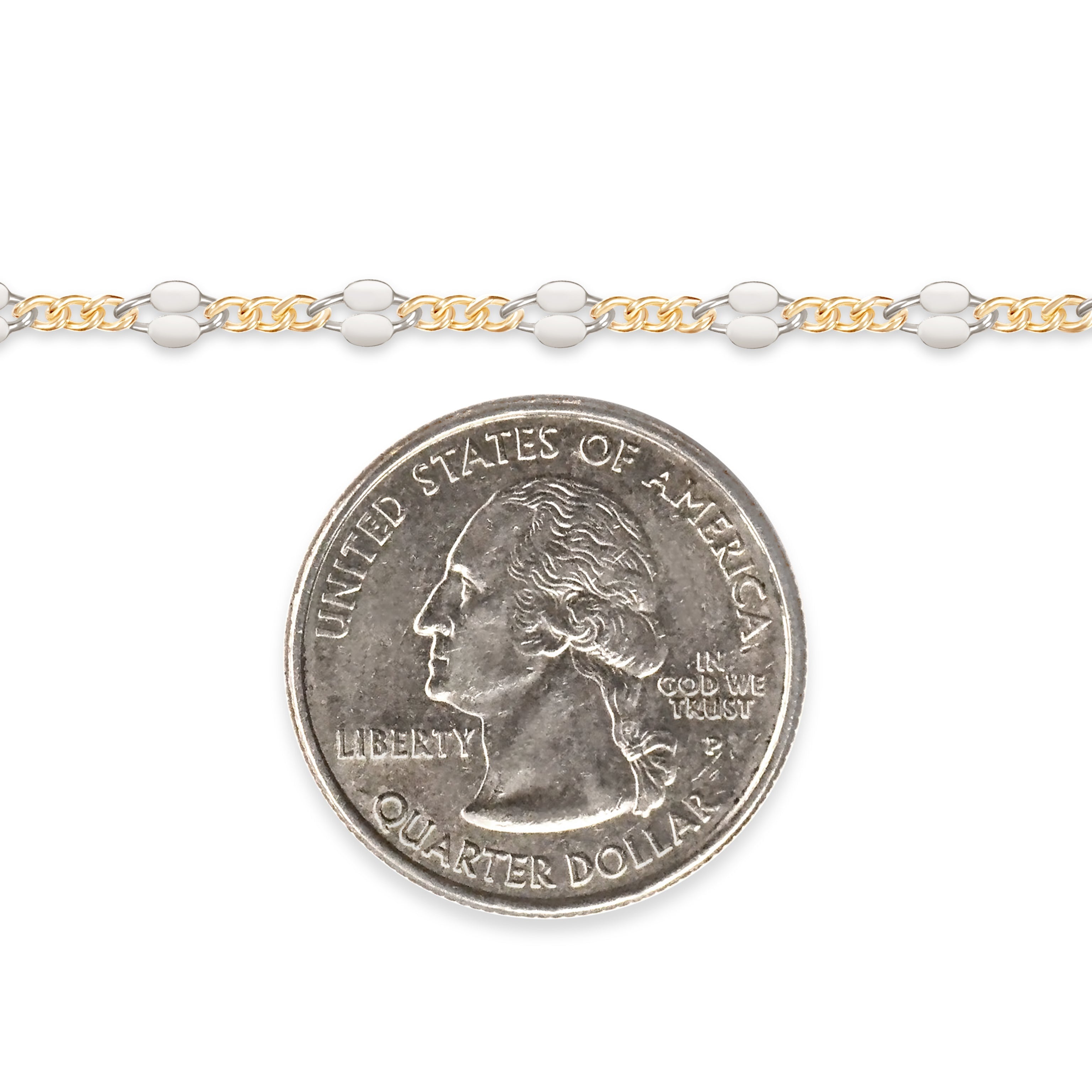 Two-tone gold-filled plus sterling silver chain next to a U.S. quarter dollar coin for scale