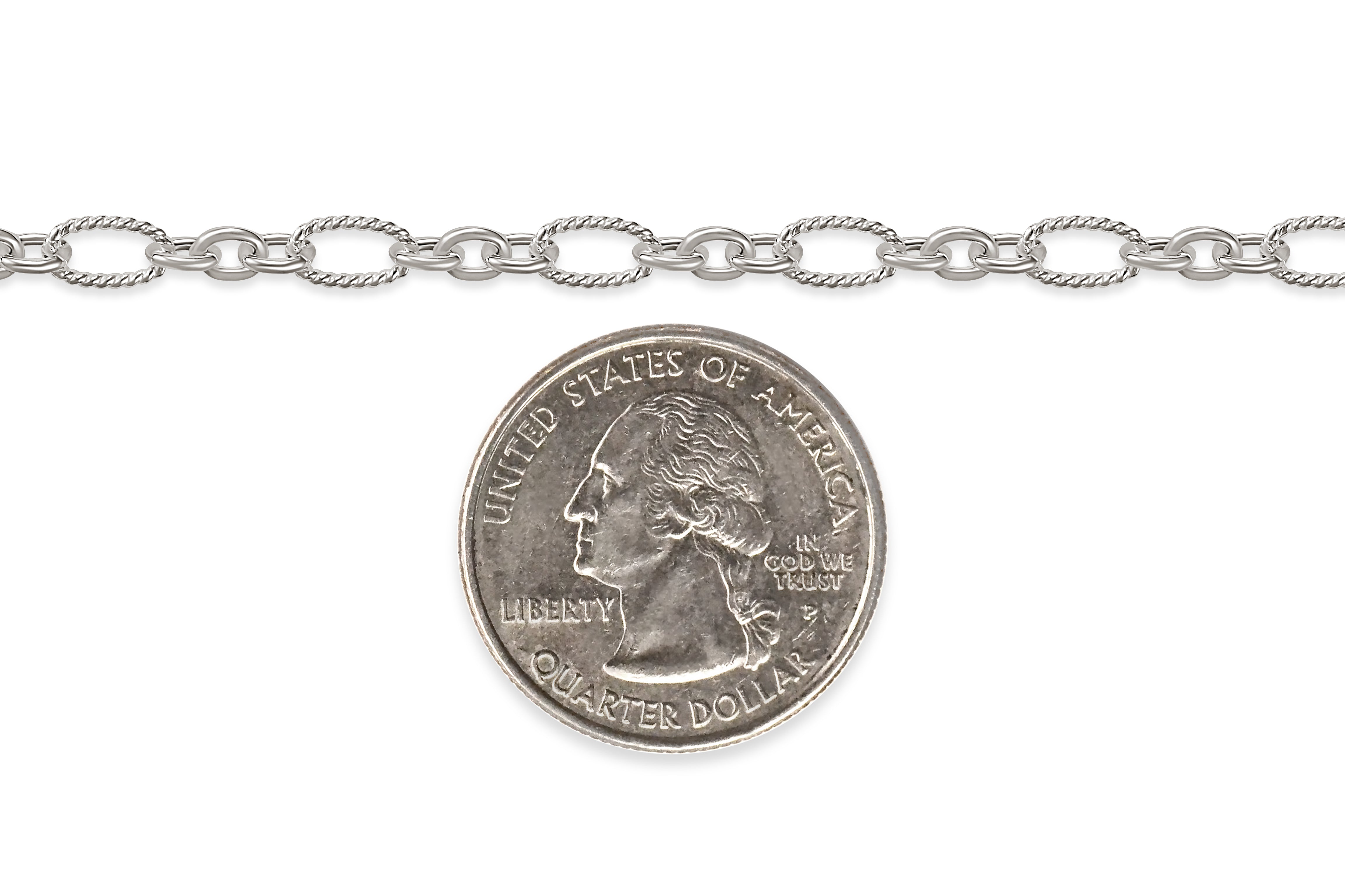 Silver chain with a quarter dollar coin on a white background