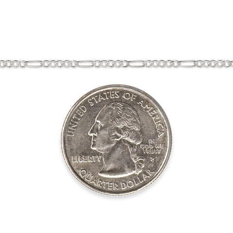 Silver chain next to a quarter dollar coin on a white background