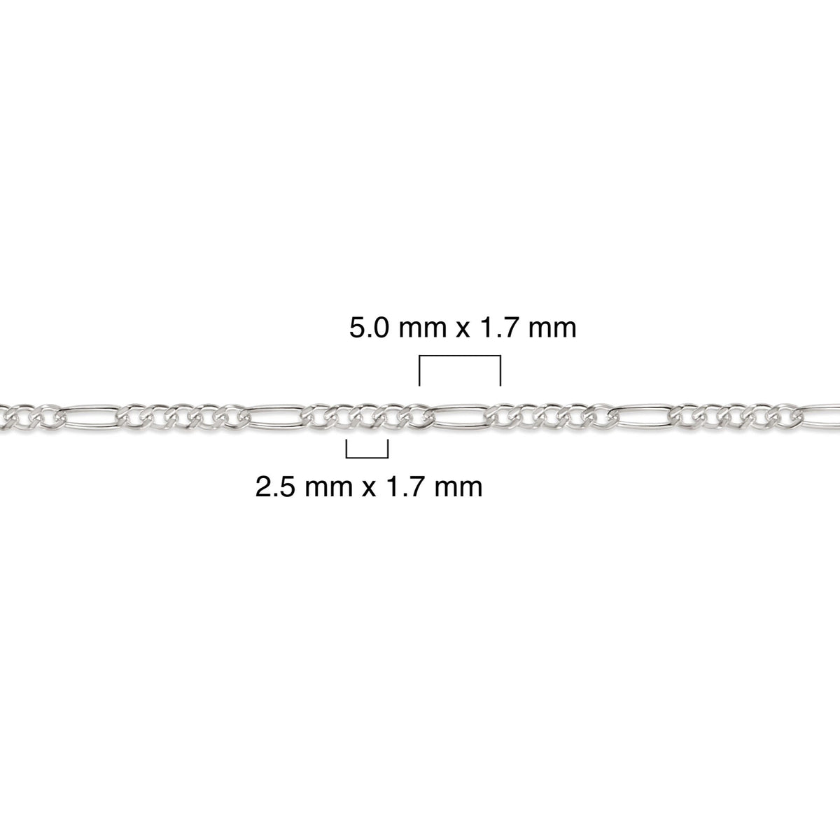 Silver chain with measurements on a white background