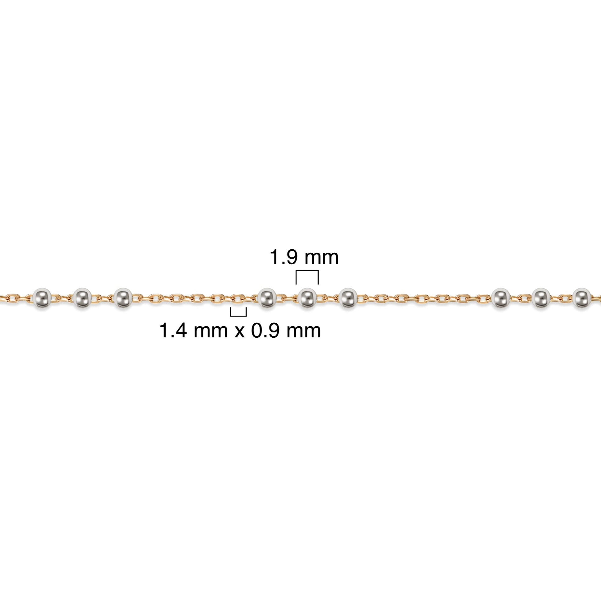 Gold-filled + sterling silver chain with measurements on a white background
