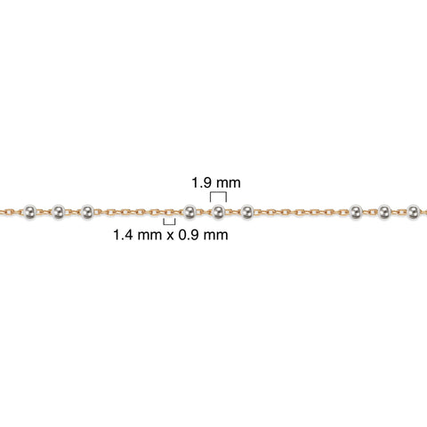 Gold-filled + sterling silver chain with measurements on a white background