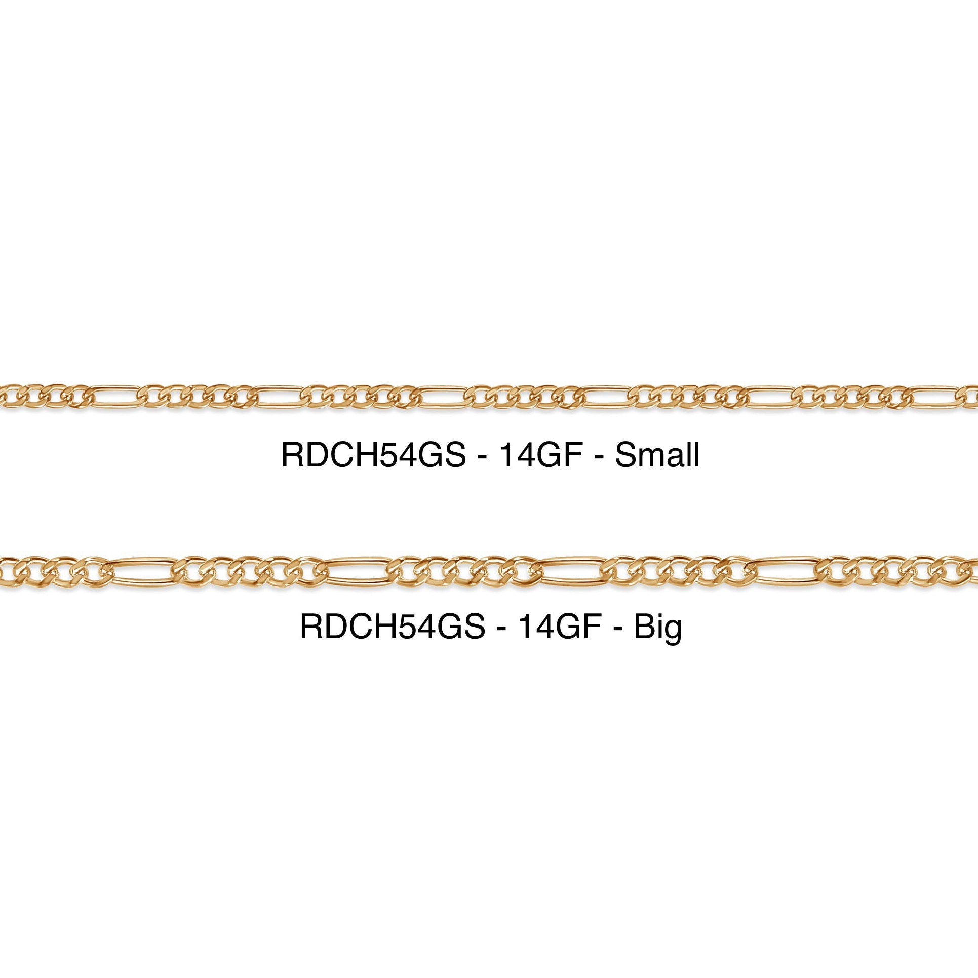 Two gold-filled figaro chains labeled 'Small' and 'Big' on a white background