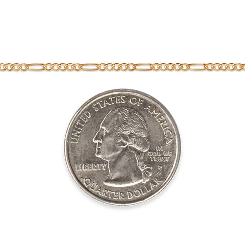Gold-filled figaro chain next to a quarter dollar coin on a white background