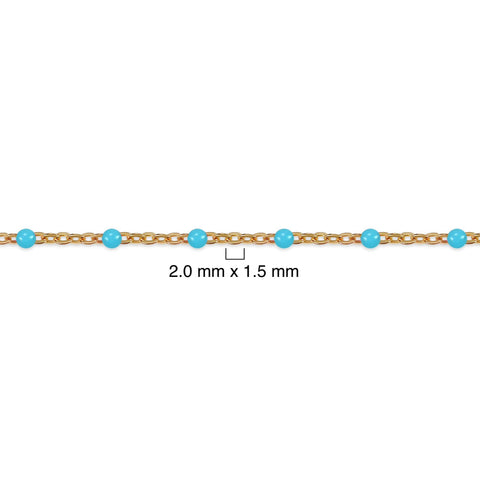 Gold chain with turquoise beads on a white background