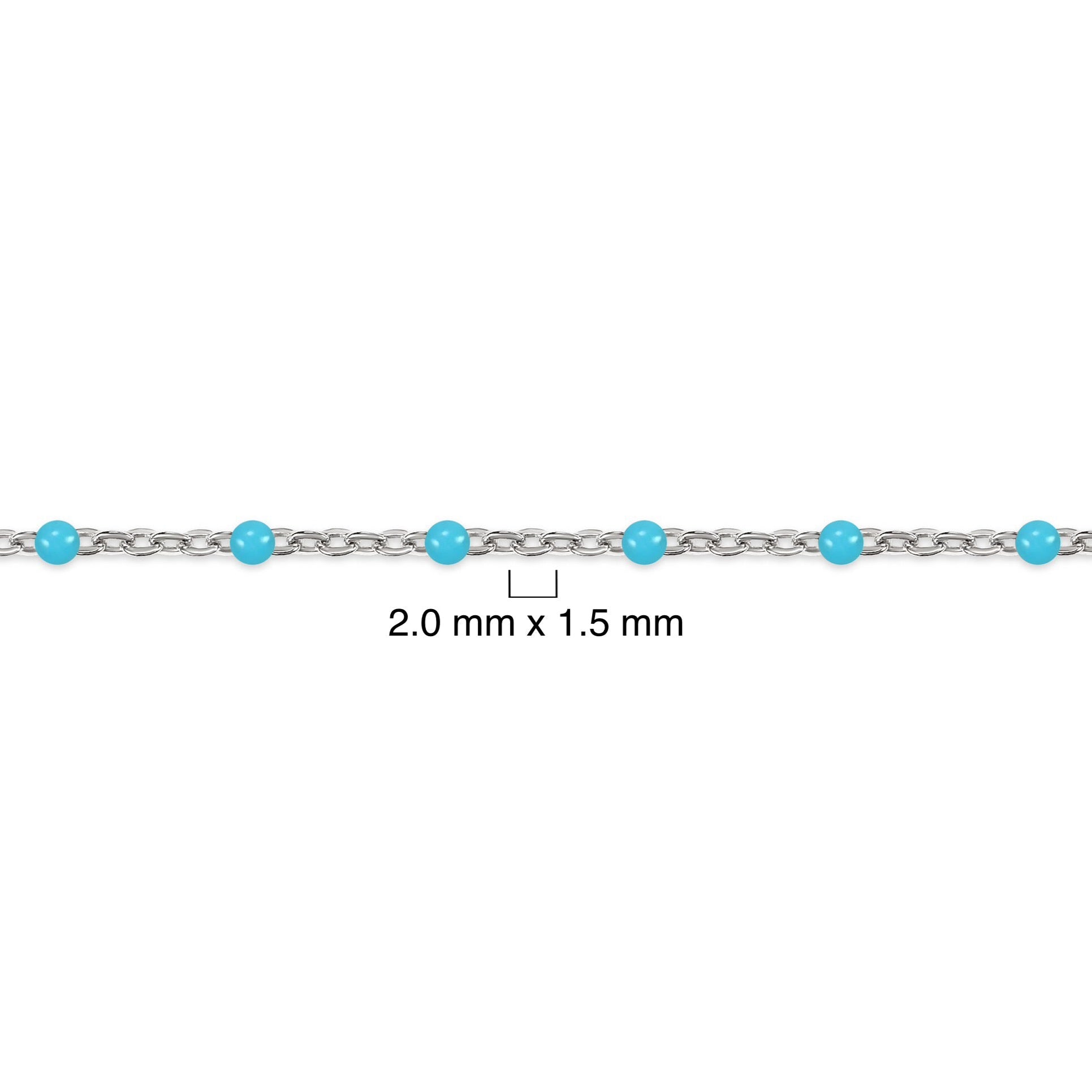 Silver chain with sky blue enamel beads on a white background