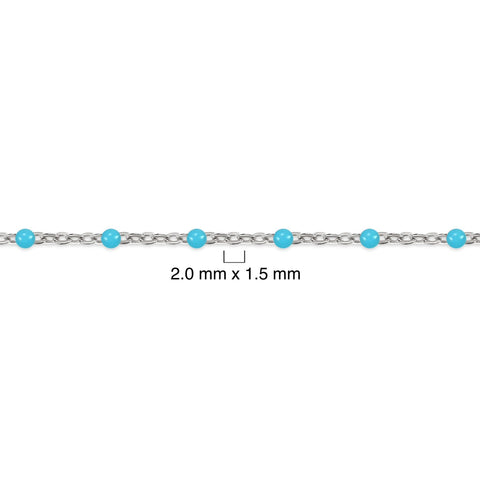 Silver chain with sky blue enamel beads on a white background