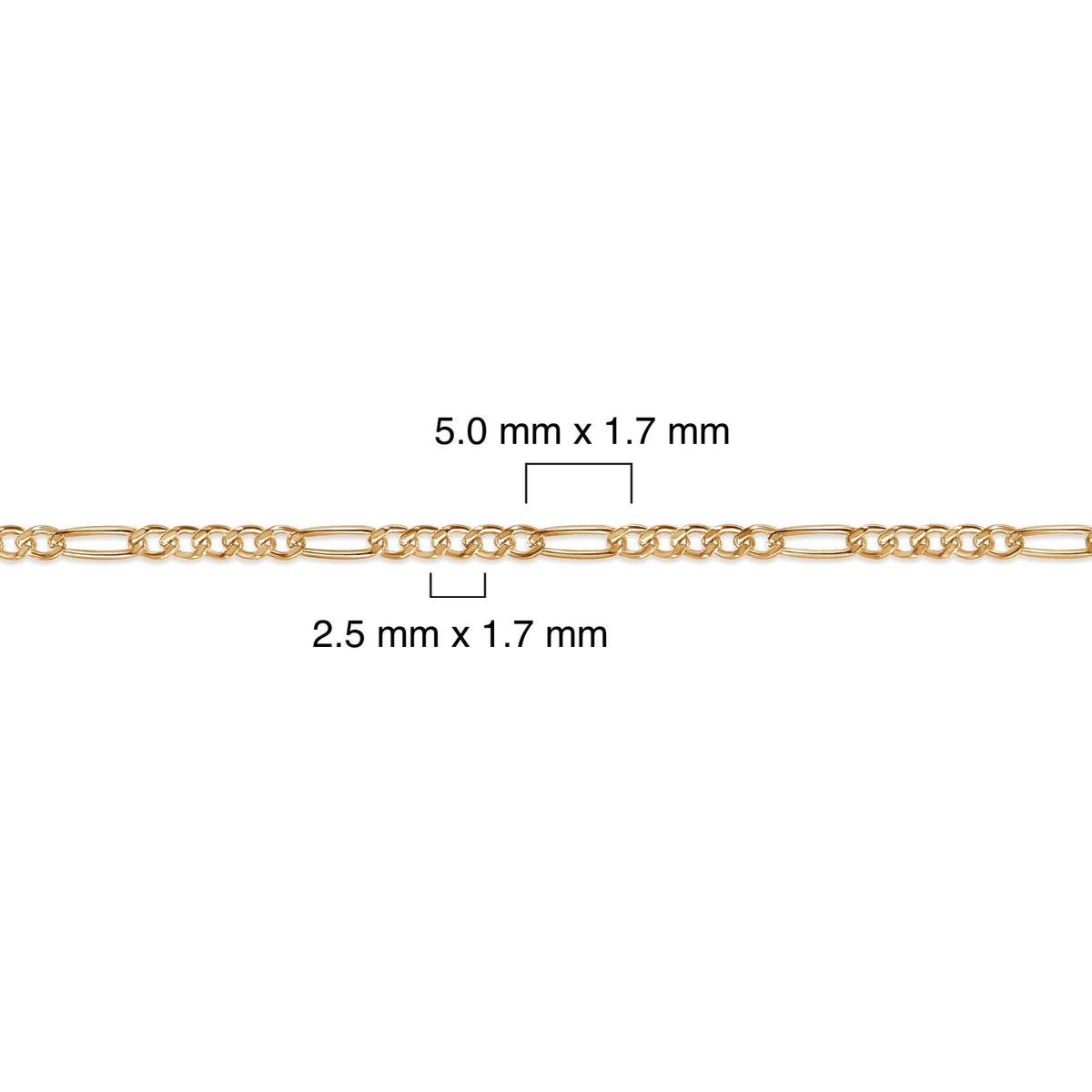 Gold-filled figaro chain with measurement details on a white background
