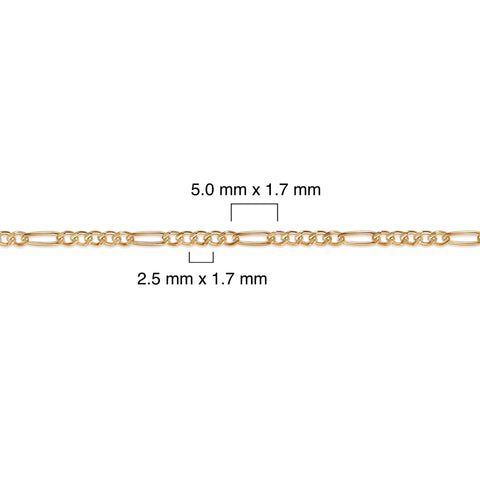 Gold-filled figaro chain with measurement details on a white background