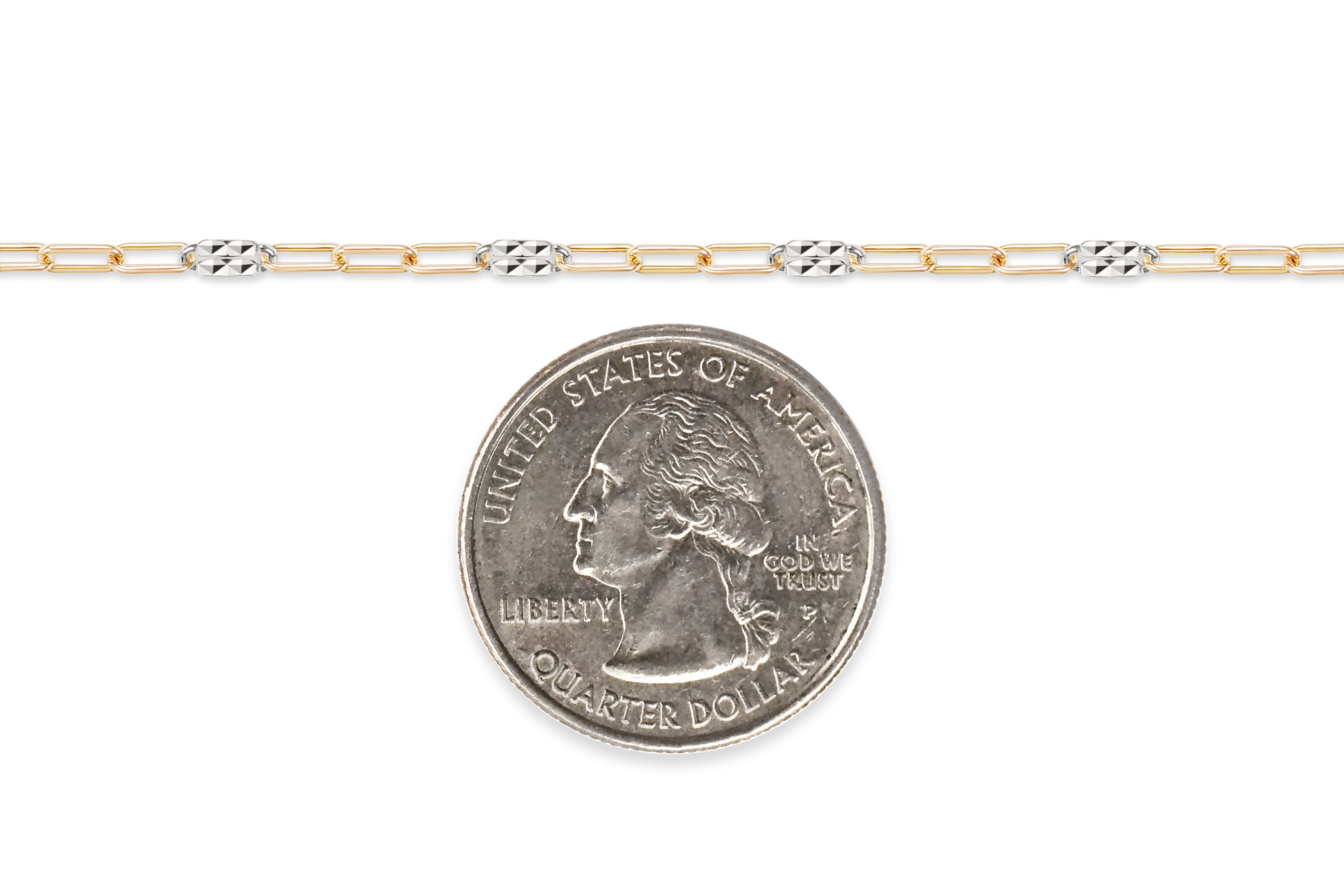 Two-tone gold-filled plus sterling silver chain next to a U.S. quarter dollar coin for scale