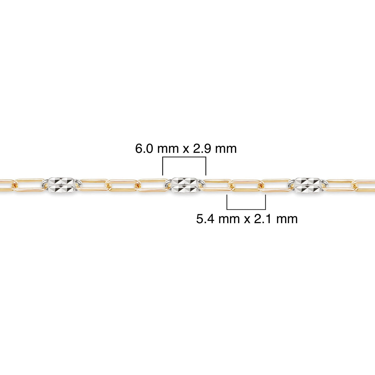 Two-tone gold-filled plus sterling silver chain with measurements on a white background