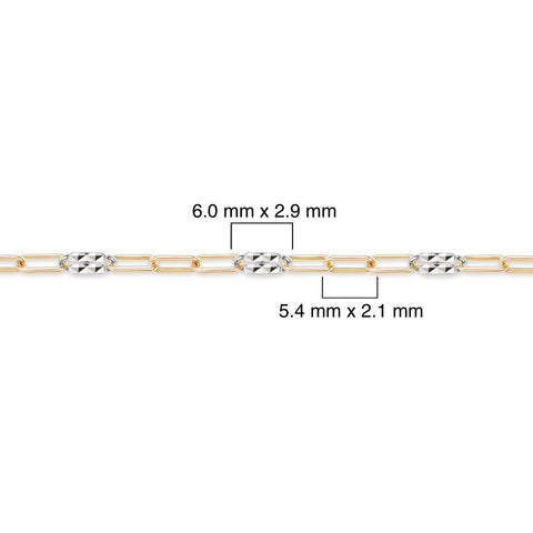 Two-tone gold-filled plus sterling silver chain with measurements on a white background