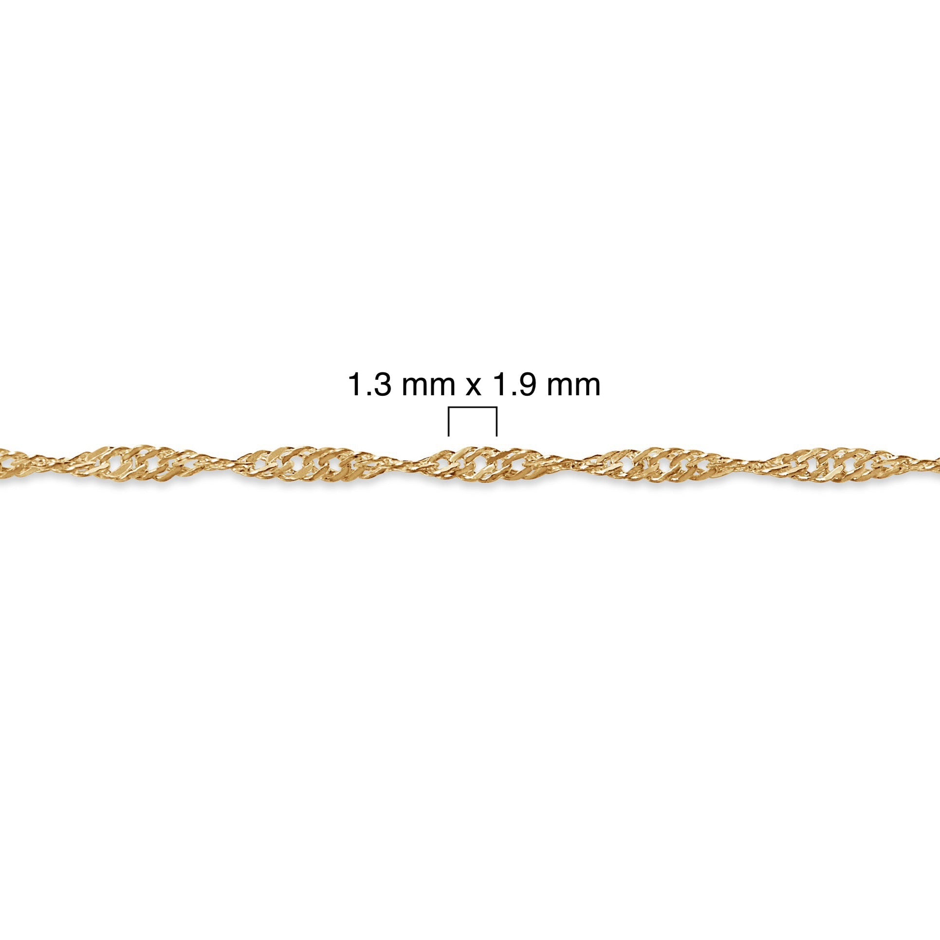 Gold filled Singapore chain with measurement details on a white background