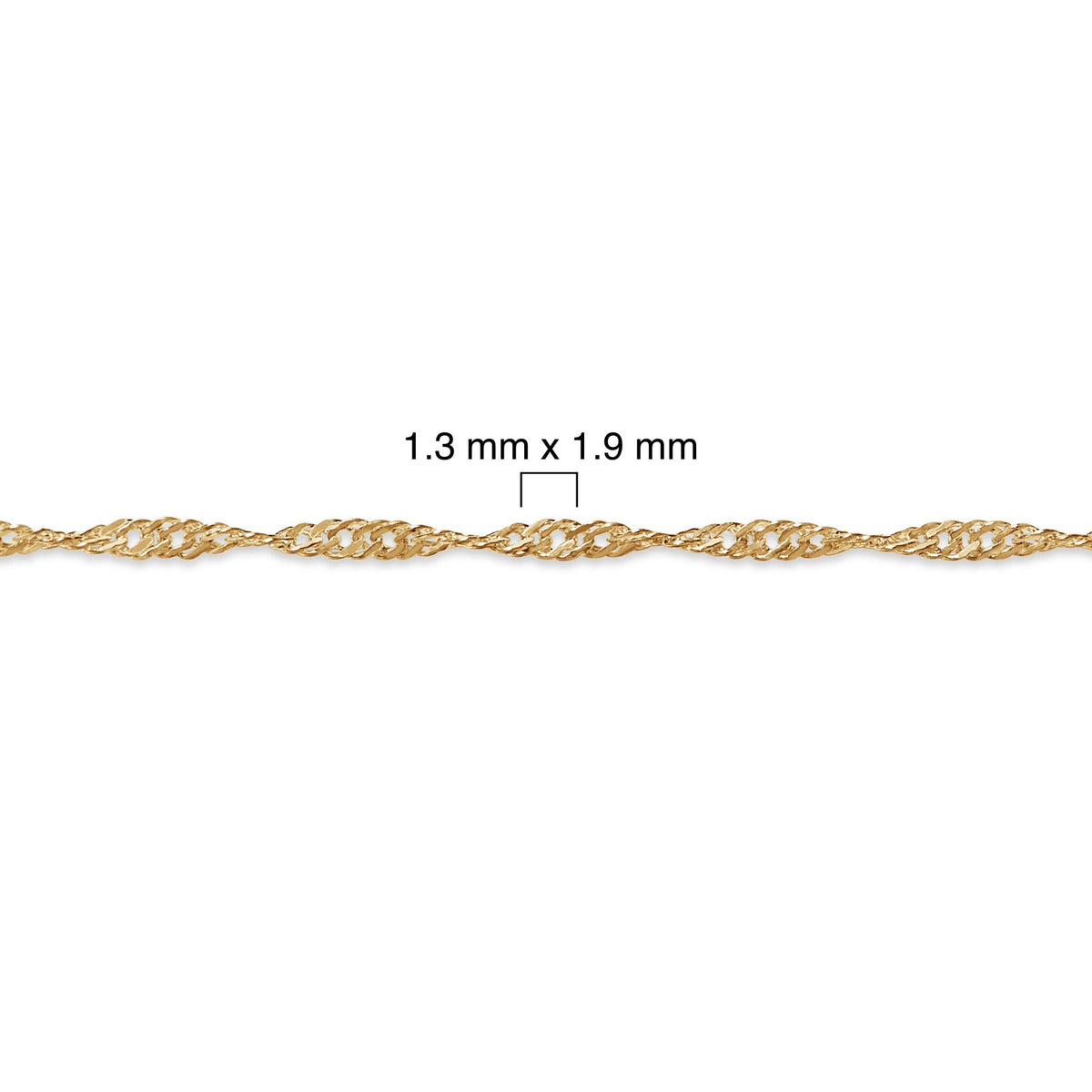 Gold filled Singapore chain with measurement details on a white background