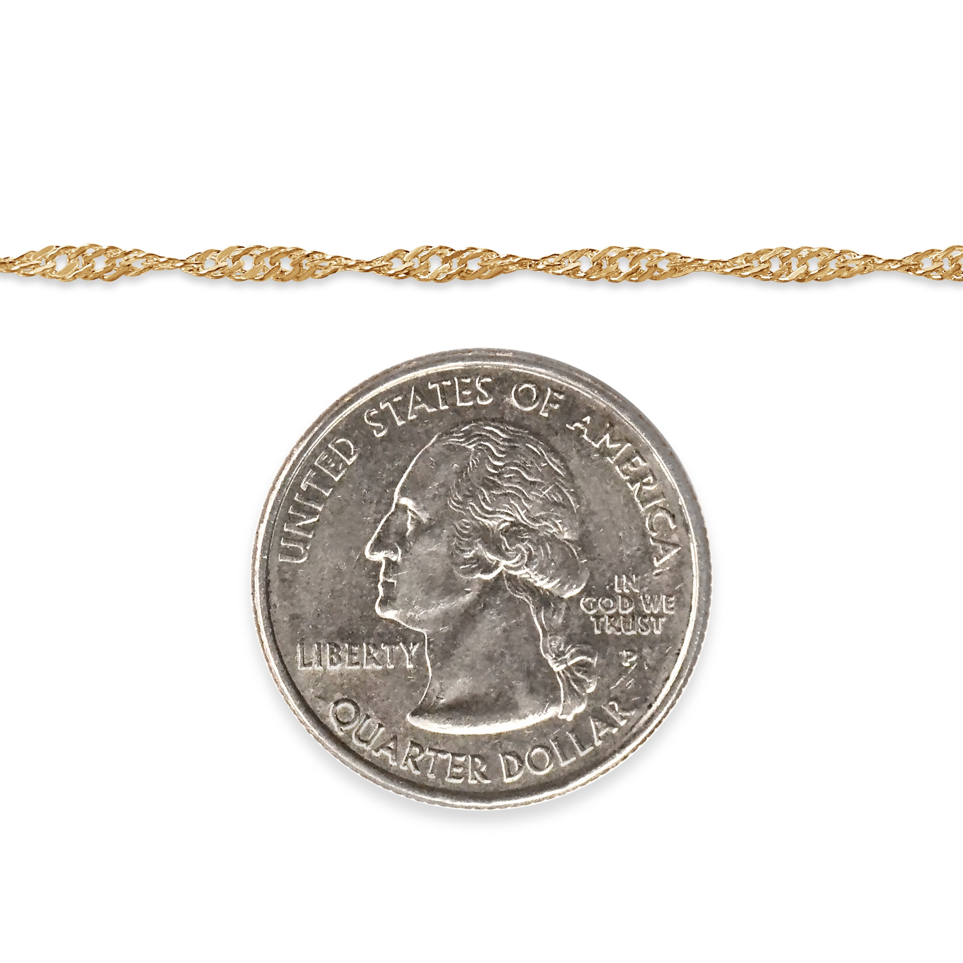 Gold filled singapore chain with a quarter dollar coin pendant on a white background