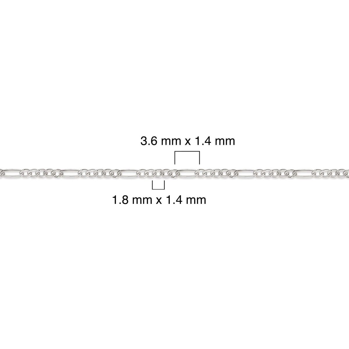 Silver chain with dimensions labeled on a white background