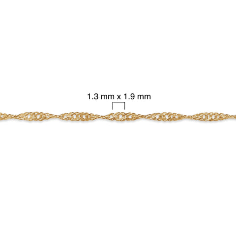 Gold filled Singapore chain with measurement details on a white background