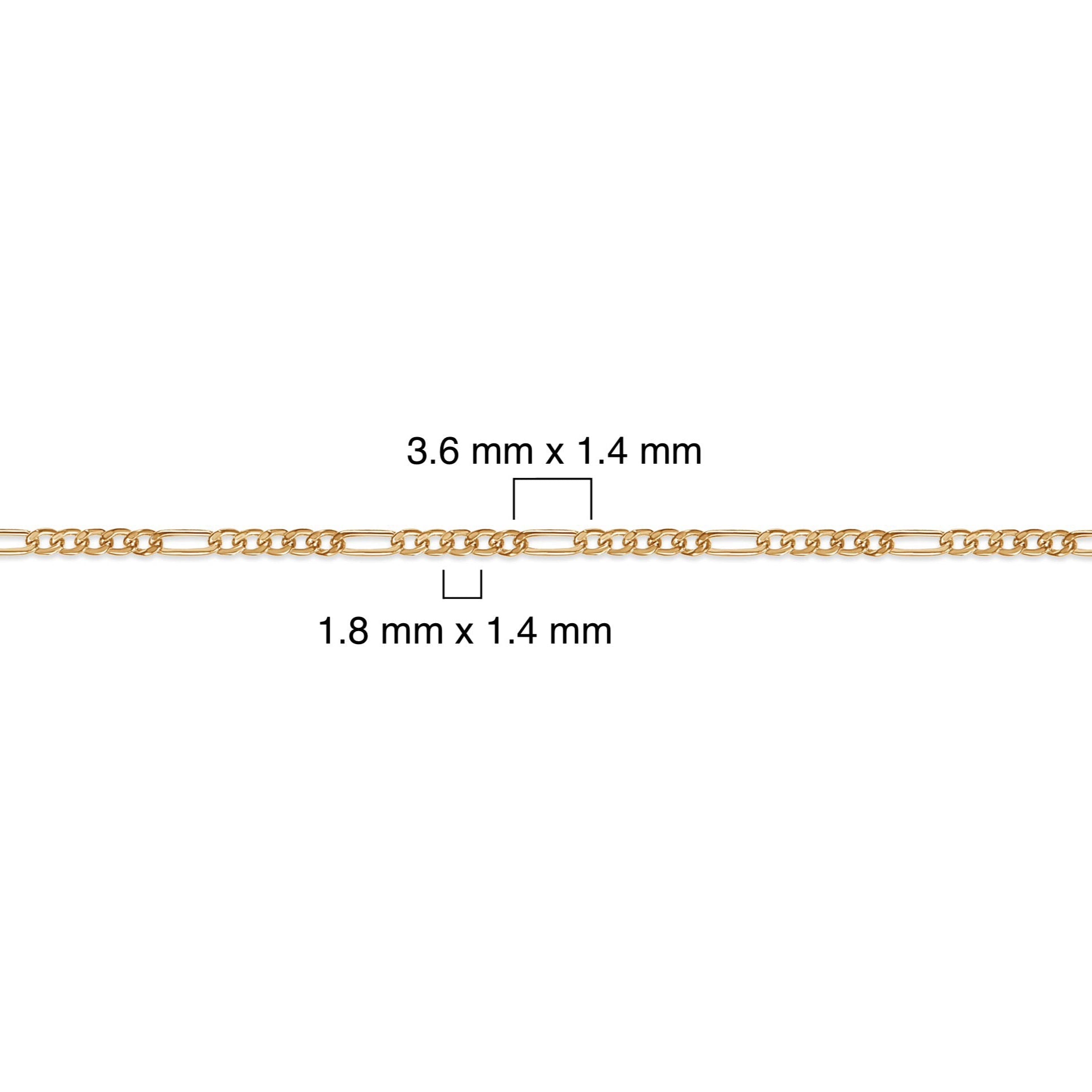 Gold-filled figaro chain with measurement details on a white background