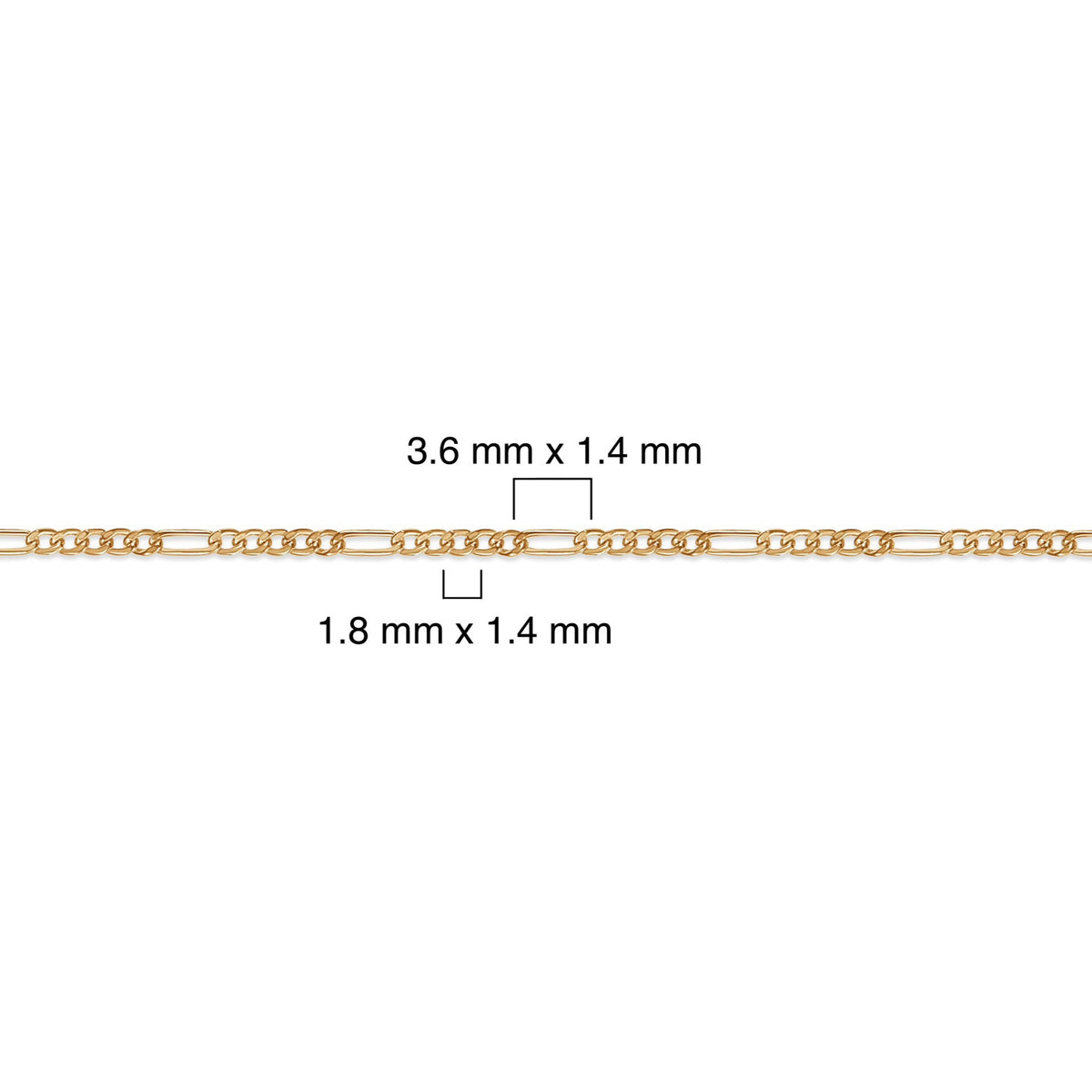 Gold-filled figaro chain with measurement details on a white background