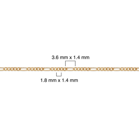 Gold-filled figaro chain with measurement details on a white background