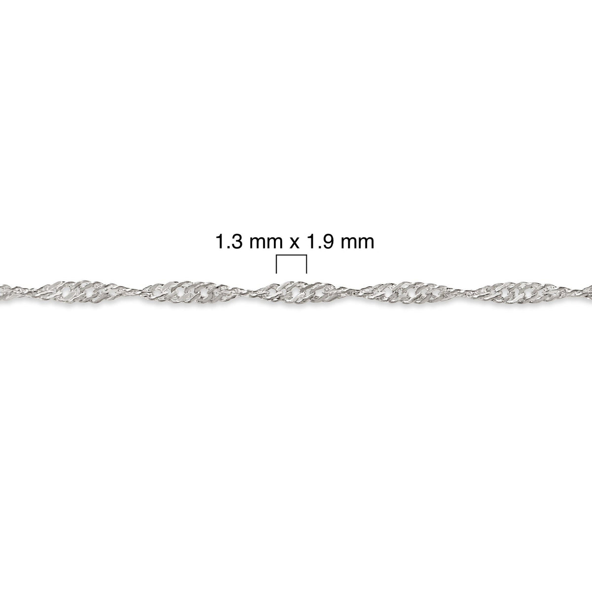 Silver Singapore chain with measurement details on a white background