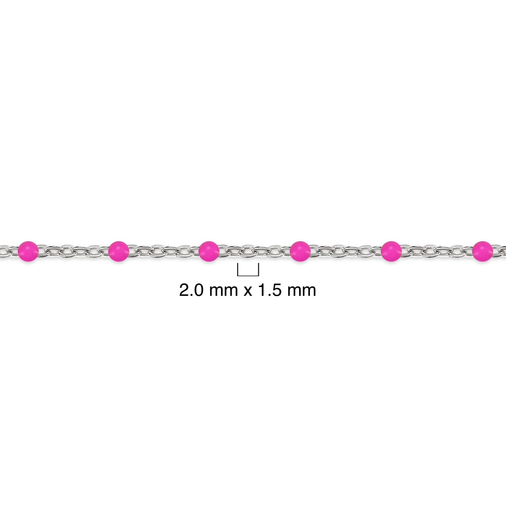 Silver chain with pink enamel beads and measurement details on a white background