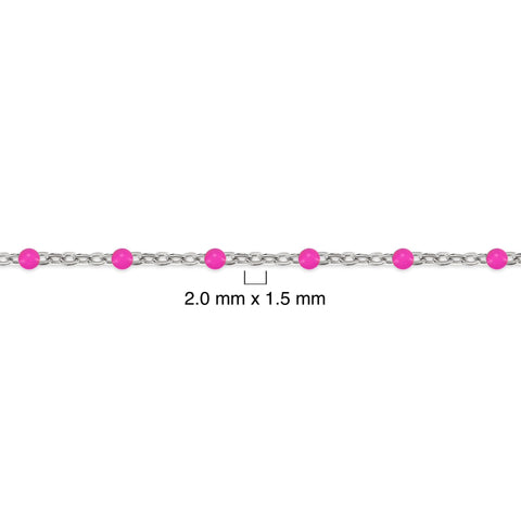 Silver chain with pink enamel beads and measurement details on a white background