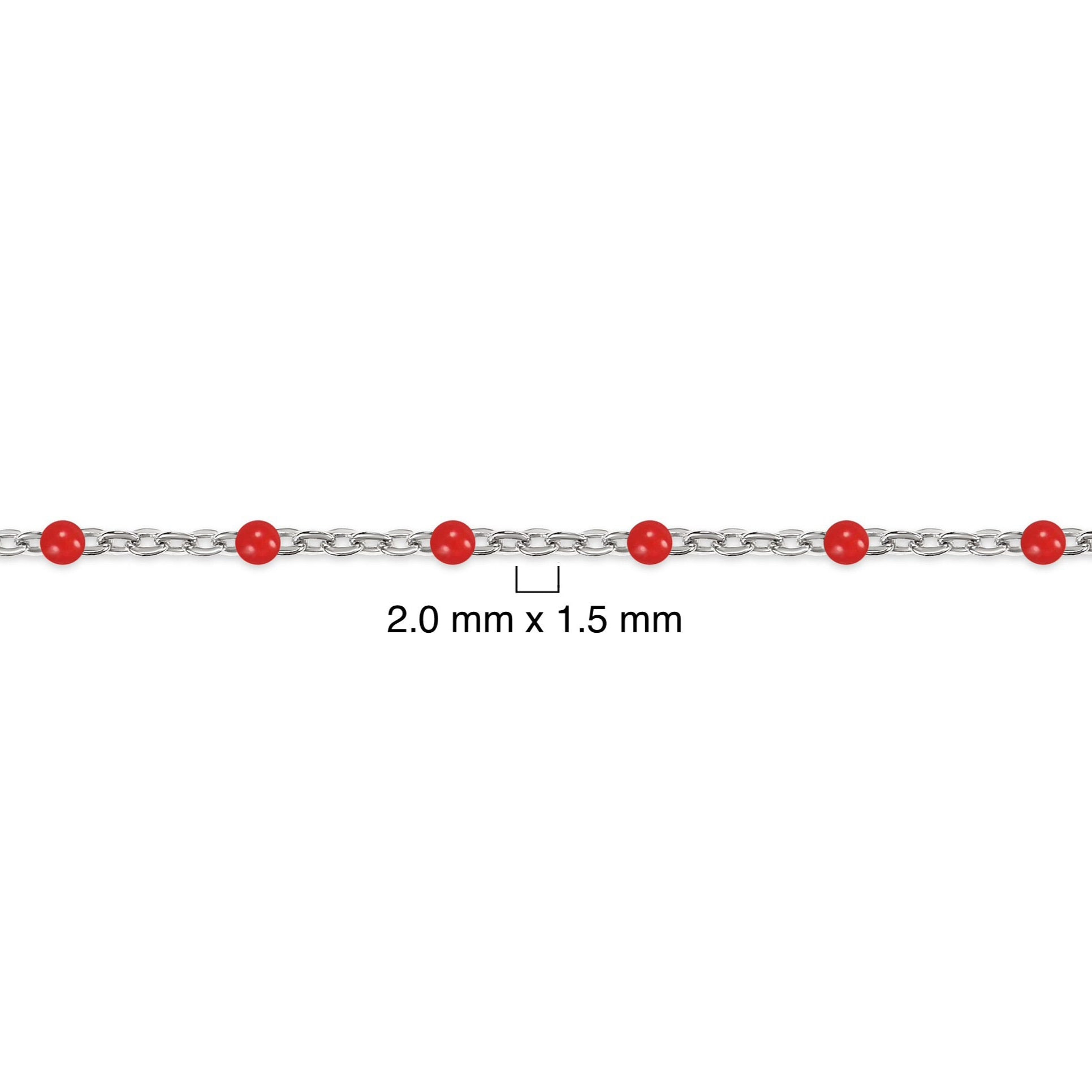 Silver chain with red enamel beads on a white background