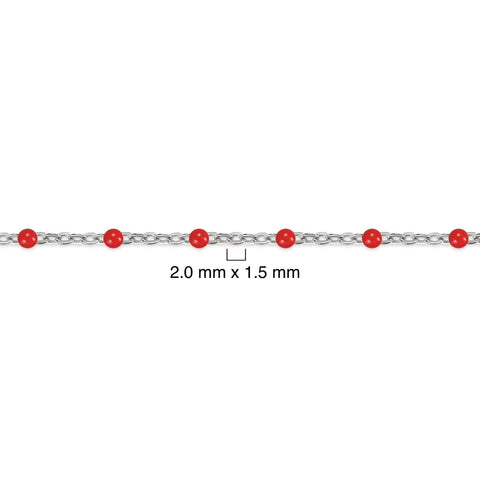 Silver chain with red enamel beads on a white background