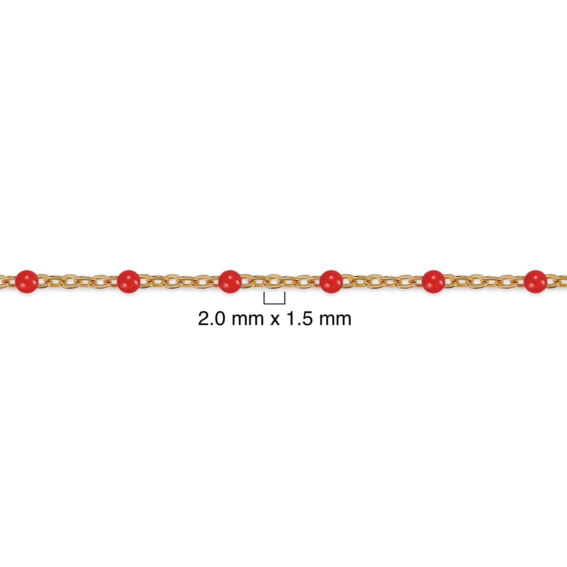 Gold chain with red beads on a white background
