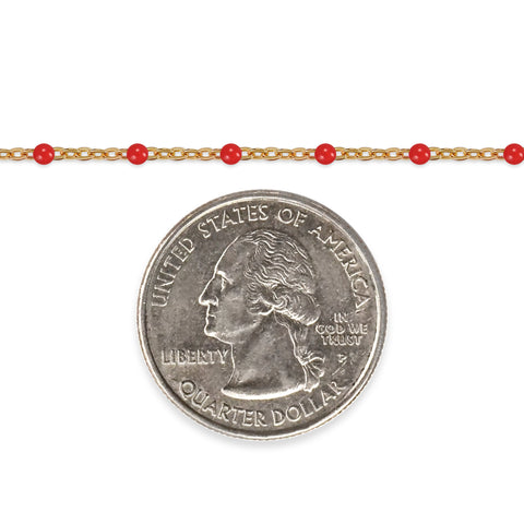 Gold chain with red beads and a quarter dollar coin on a white background