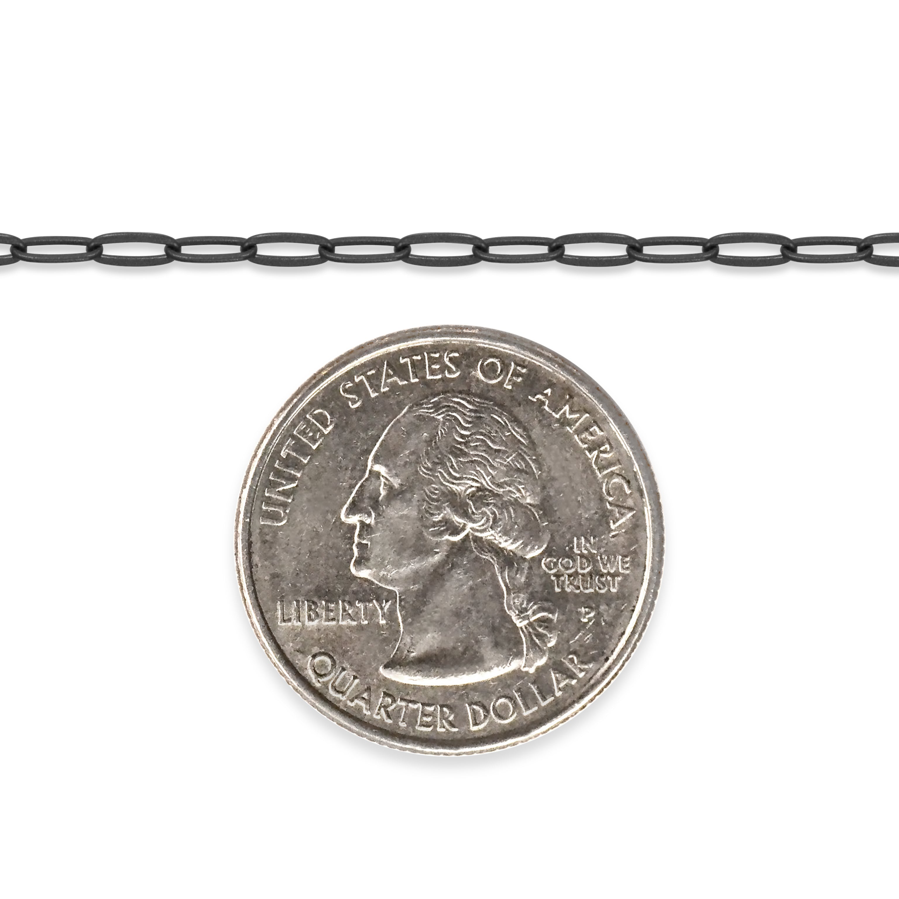 Sterling silver titanium plated chain next to a quarter on a white background