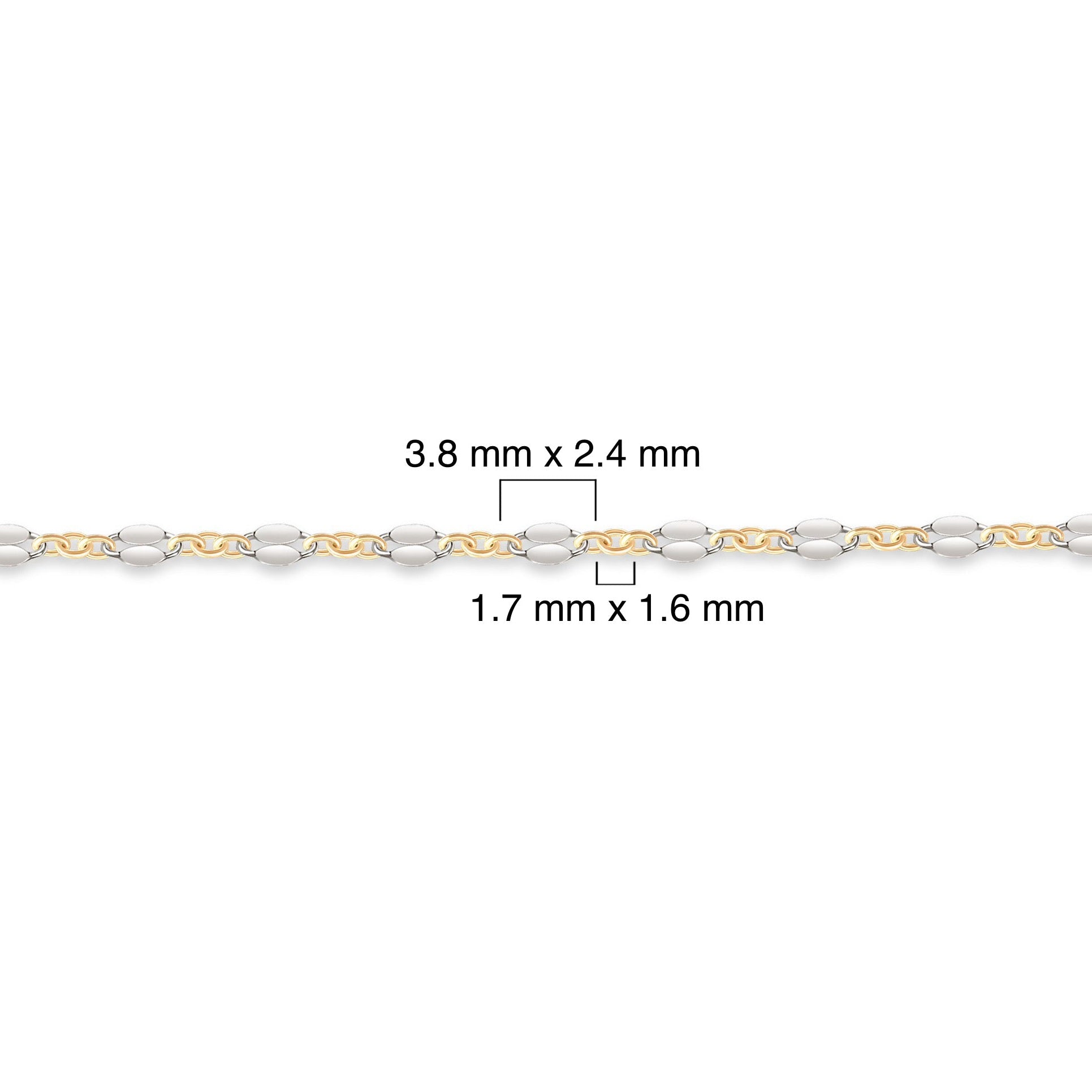 Two-tone gold-filled plus sterling silver chain with measurements on a white background