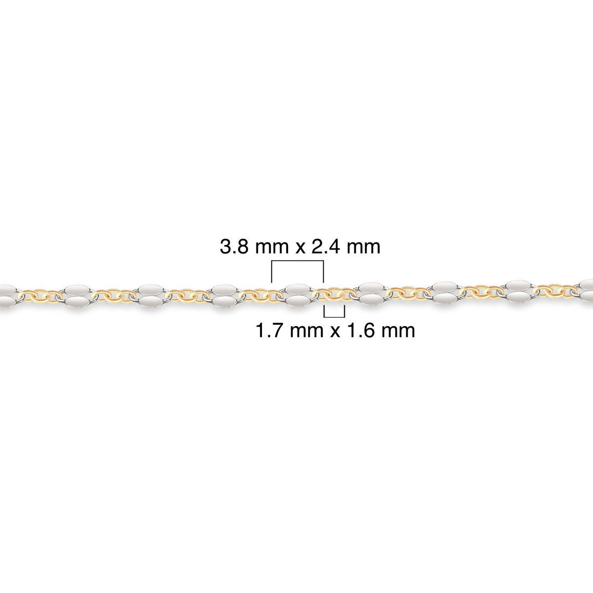 Two-tone gold-filled plus sterling silver chain with measurements on a white background
