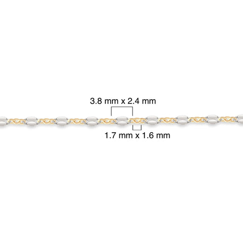 Two-tone gold-filled plus sterling silver chain with measurements on a white background