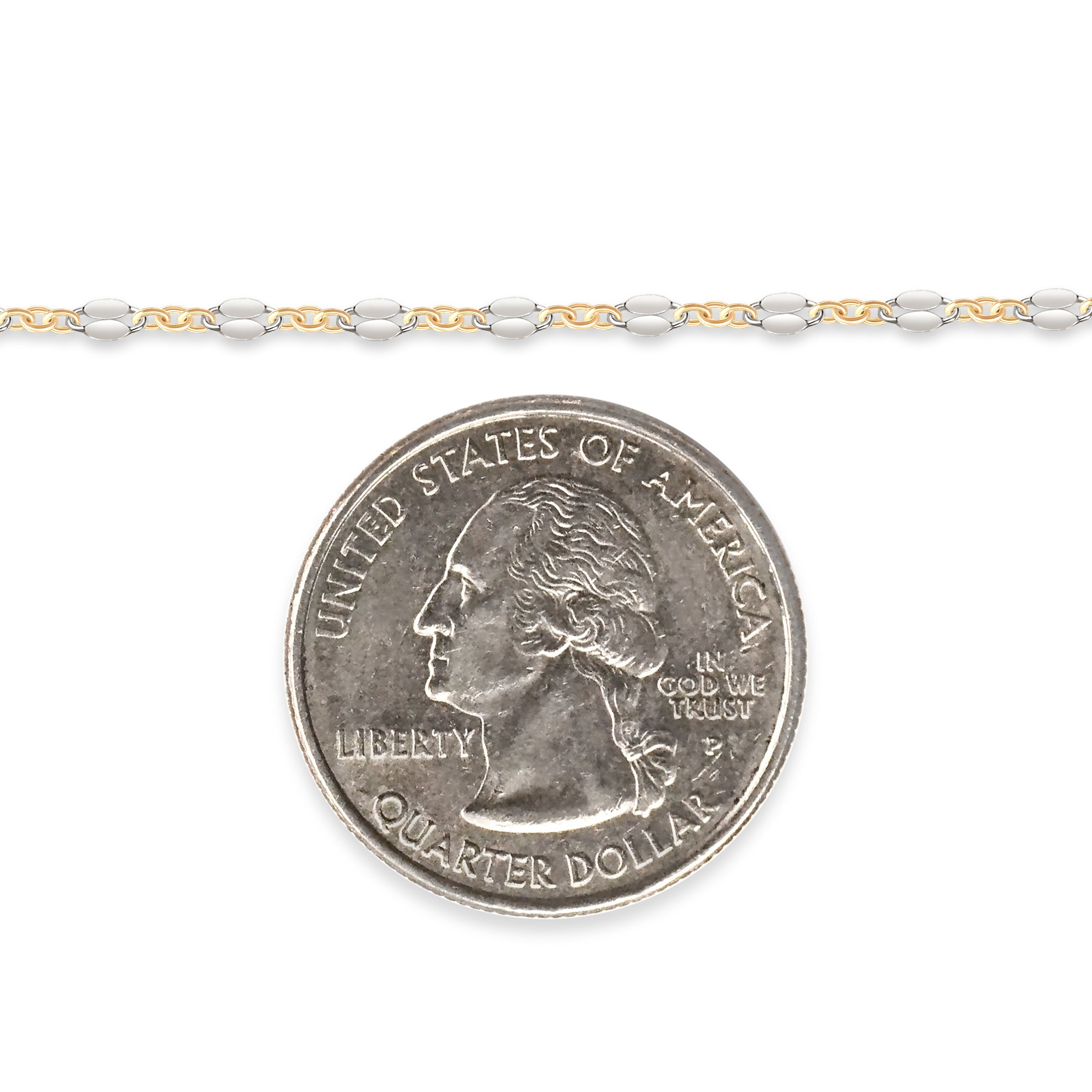 Two-tone gold-filled plus sterling silver chain next to a U.S. quarter dollar coin for scale