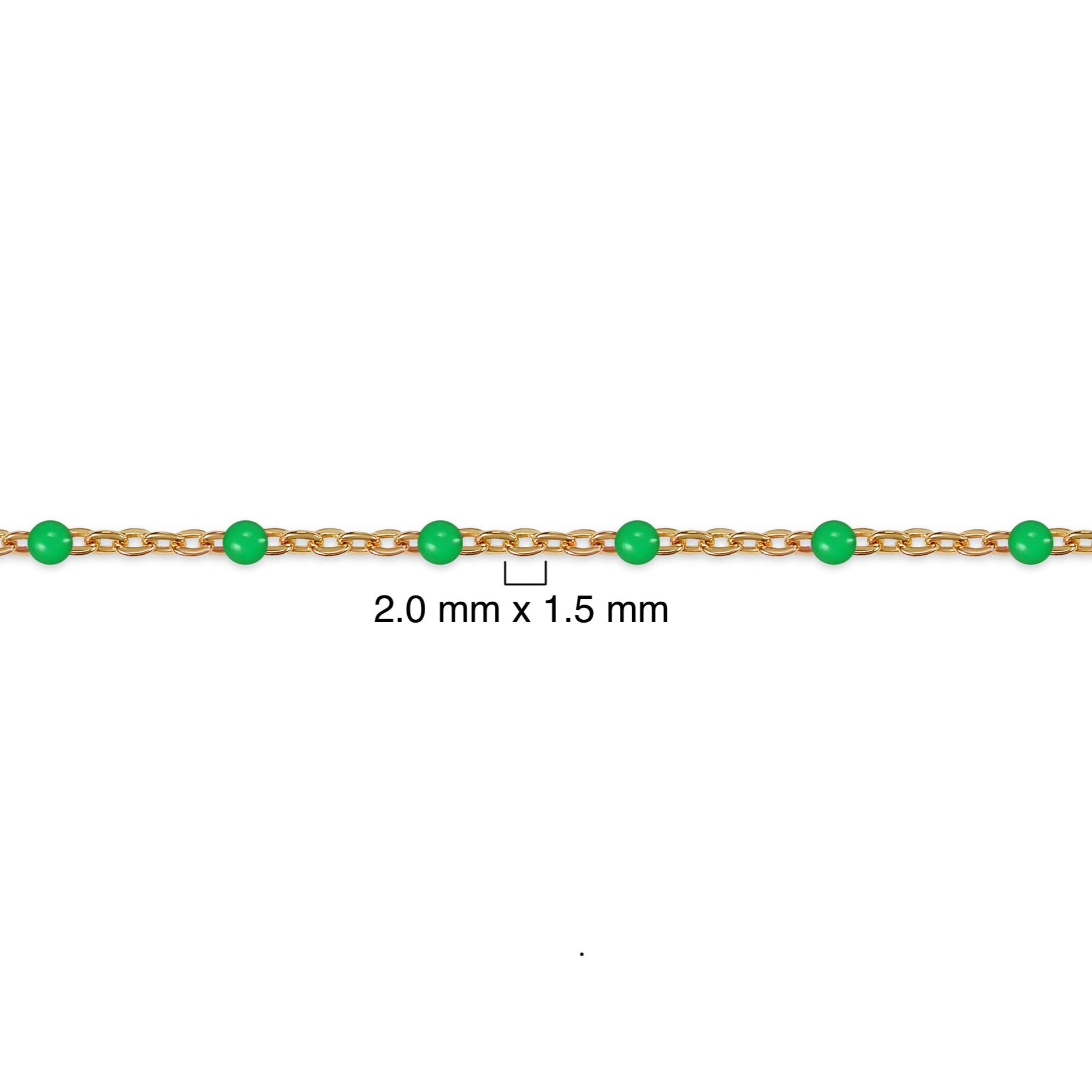 Gold chain with green beads on a white background
