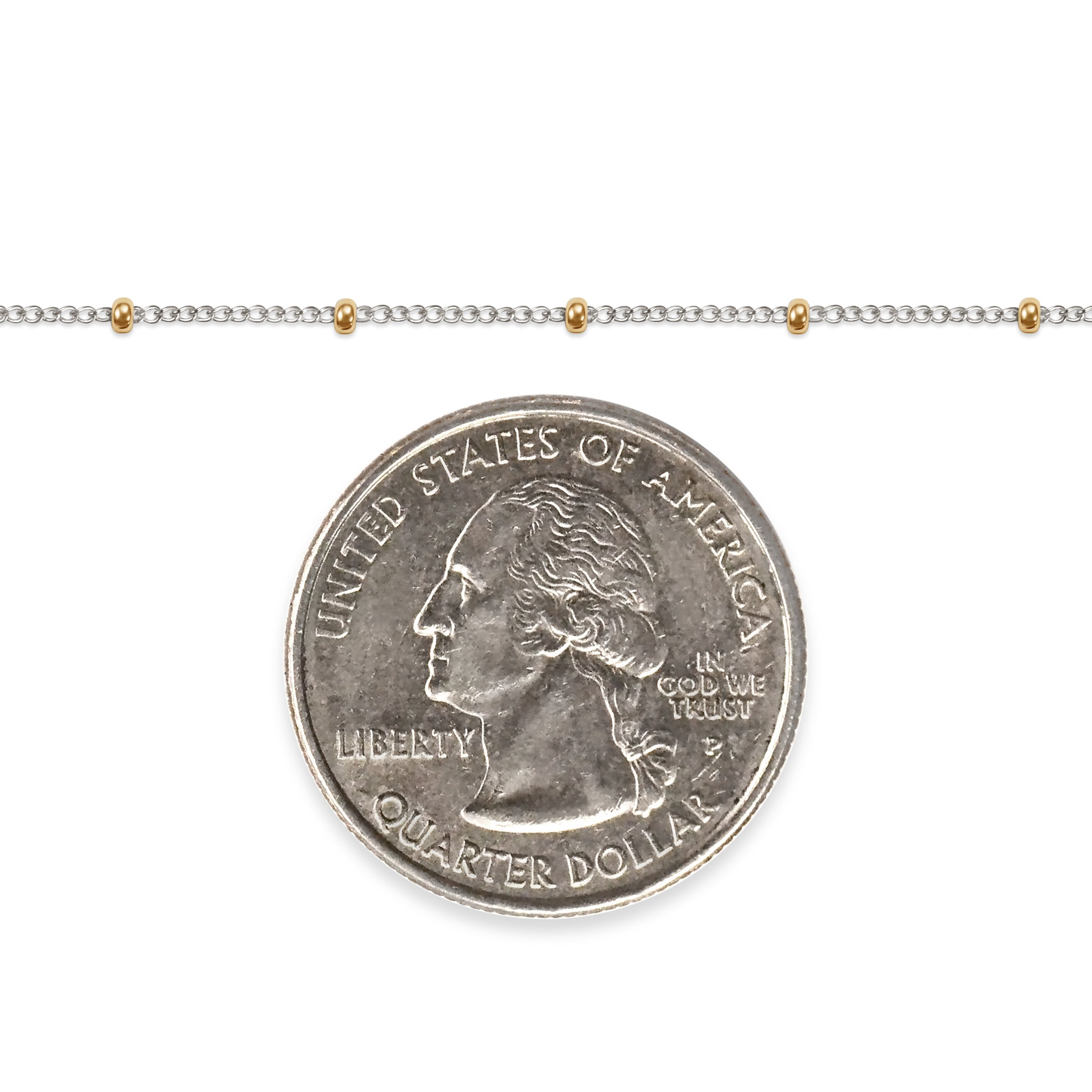 Two-tone gold-filled plus sterling silver chain next to a U.S. quarter dollar coin for scale