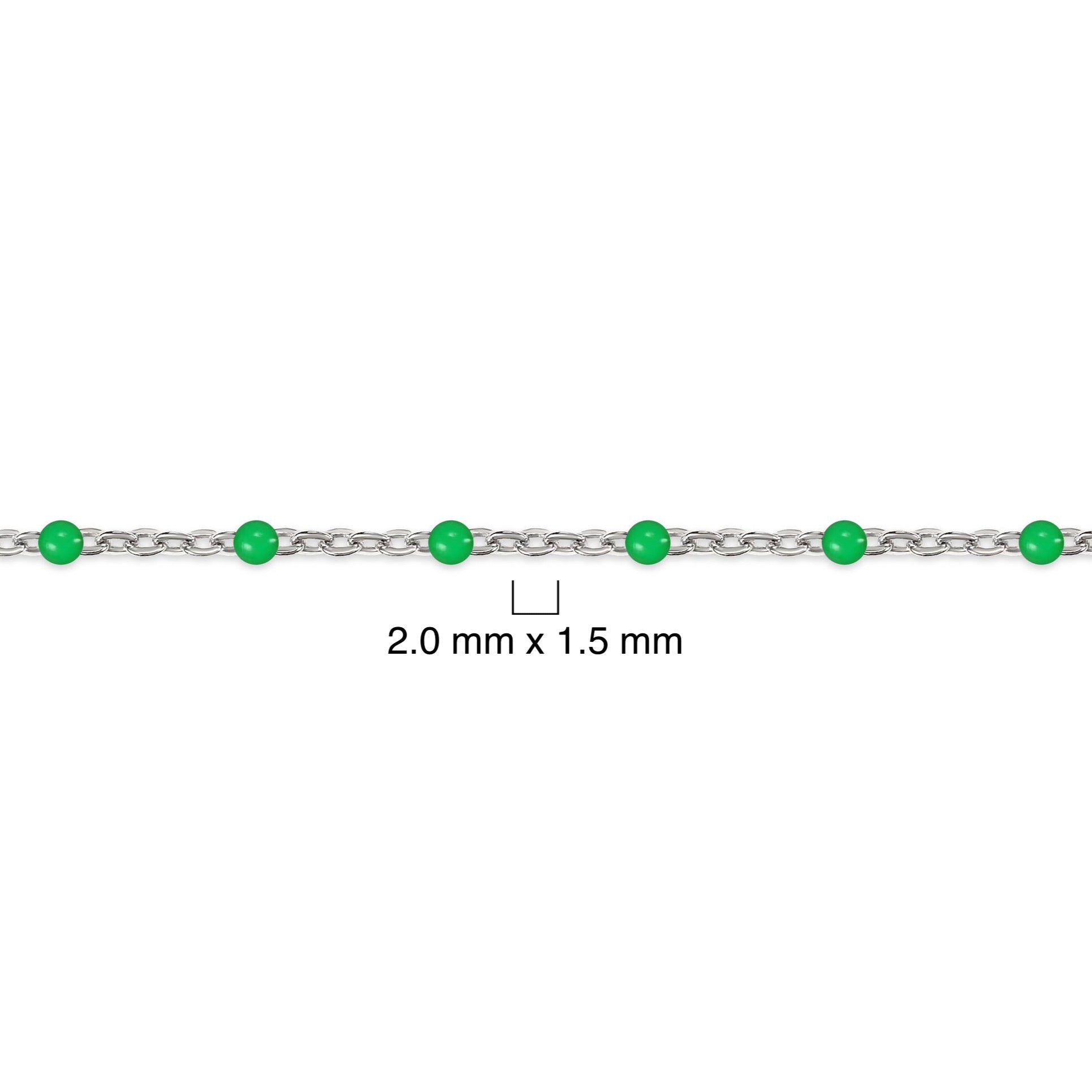 Silver chain with green enamel beads on a white background
