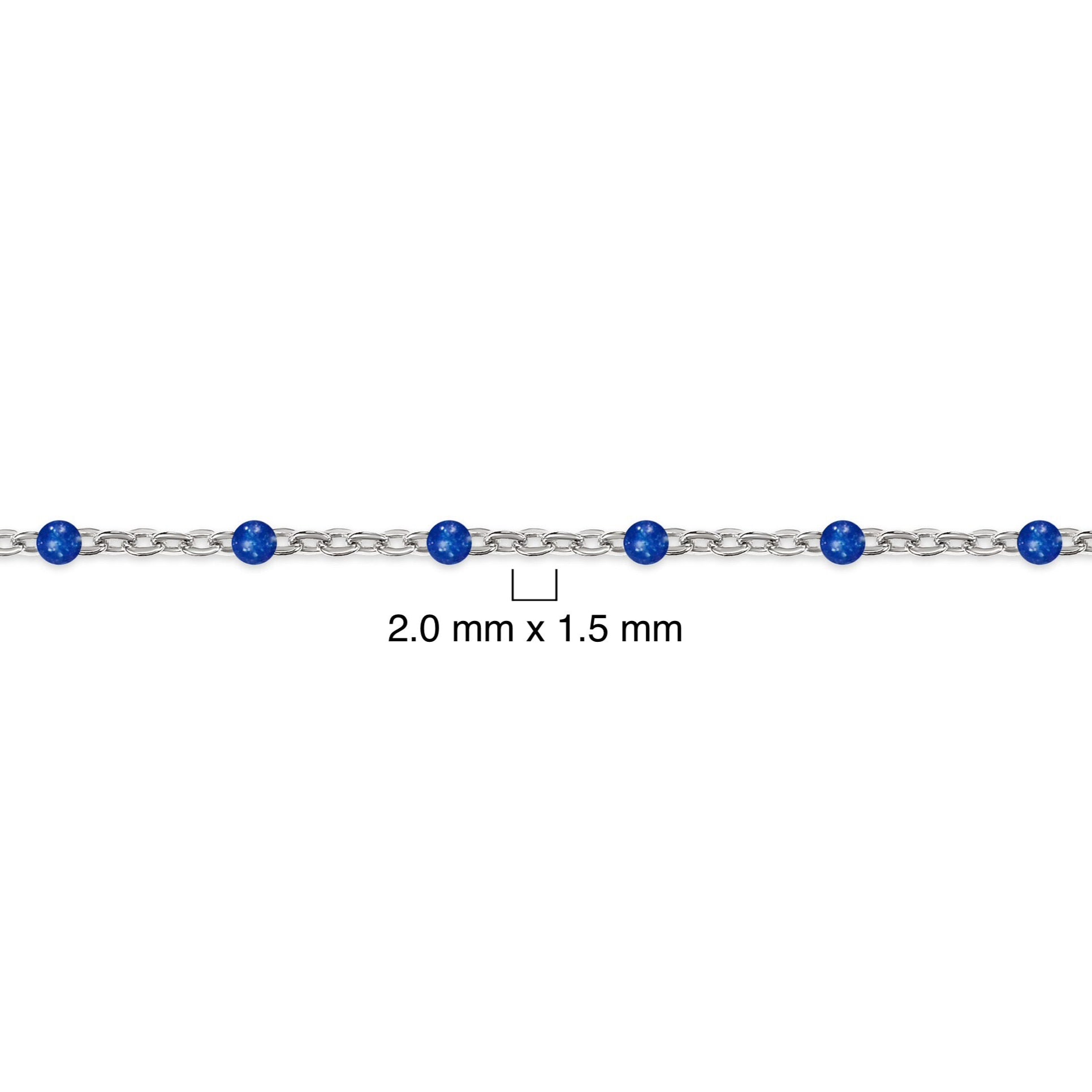 Silver chain with blue enamel beads on a white background