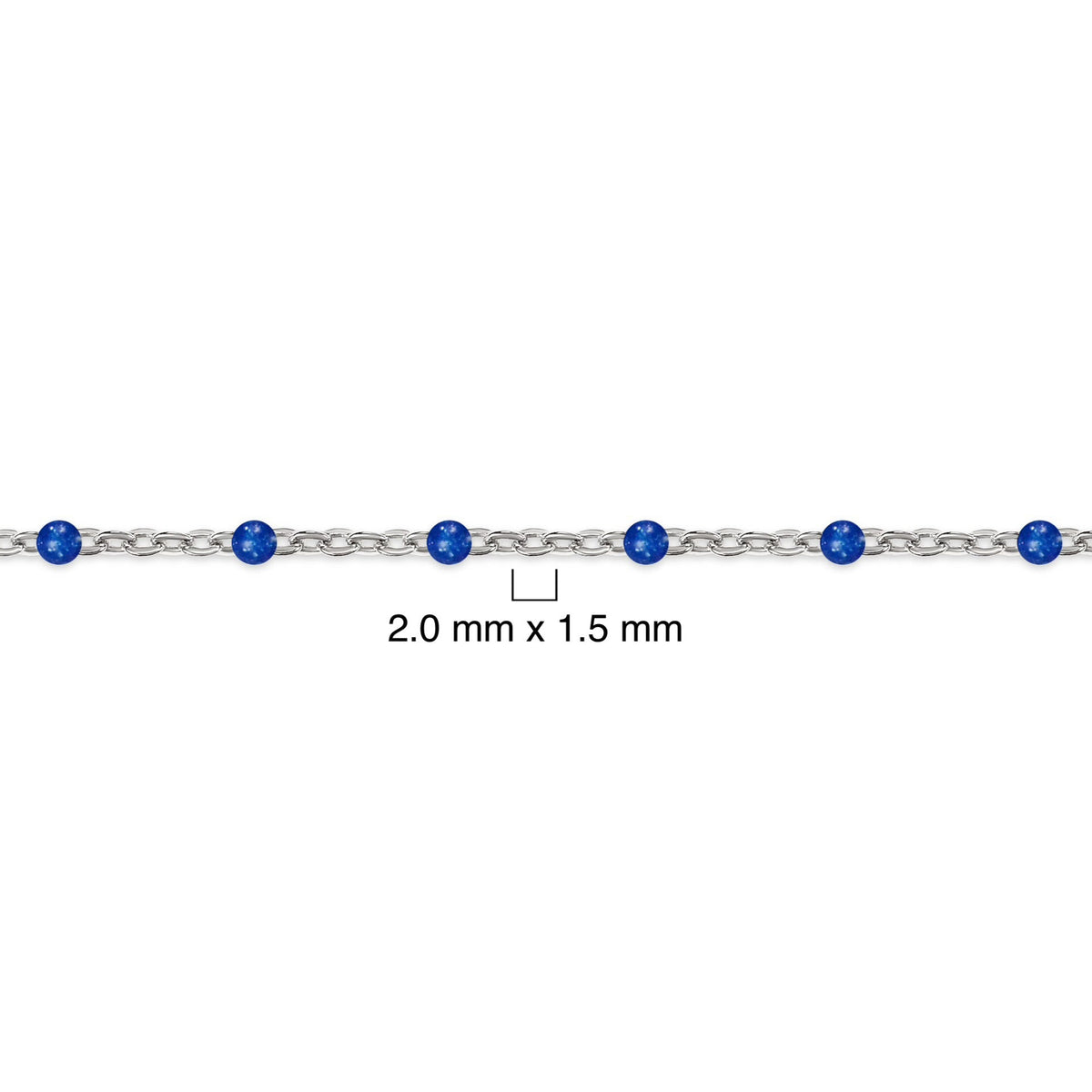 Silver chain with blue enamel beads on a white background