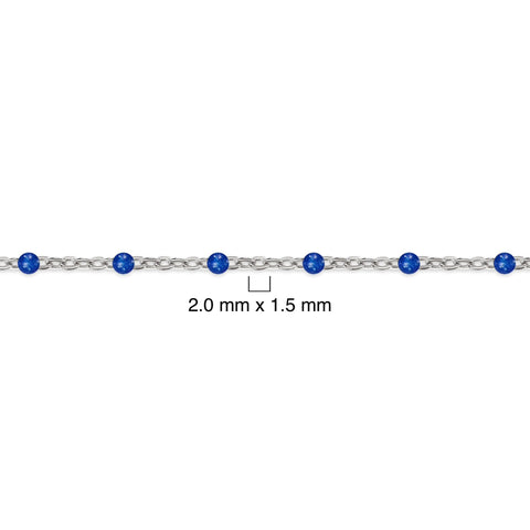 Silver chain with blue enamel beads on a white background