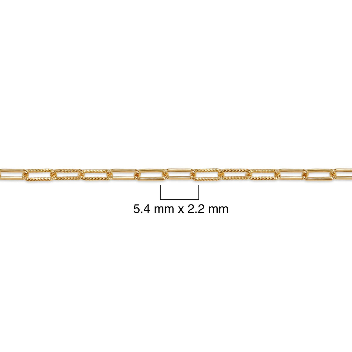 14K gold-filled paperclip chain with measurement details against a white background