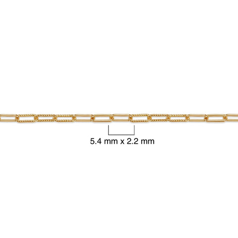 14K gold-filled paperclip chain with measurement details against a white background
