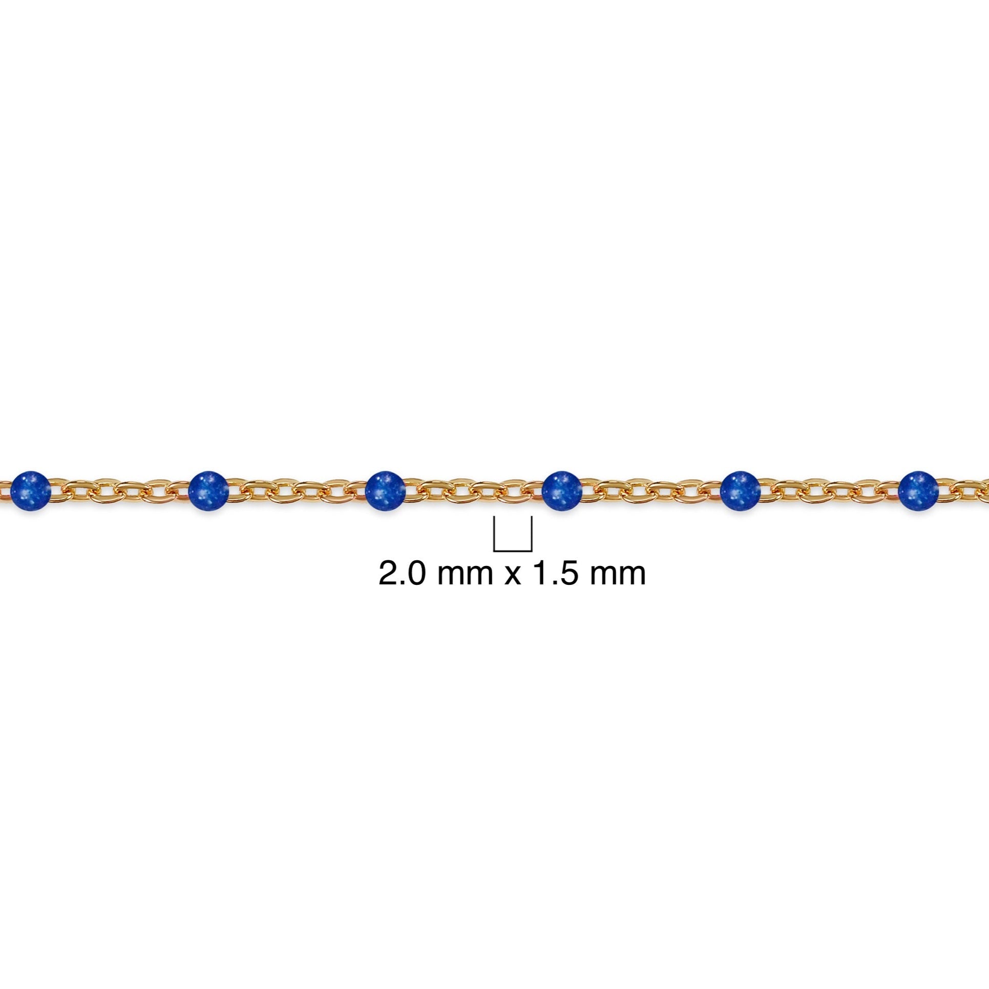 Gold chain with blue beads on a white background