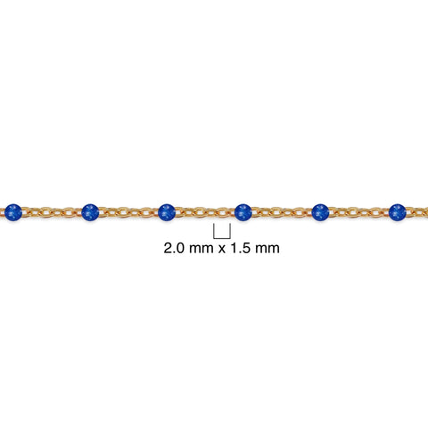 Gold chain with blue beads on a white background