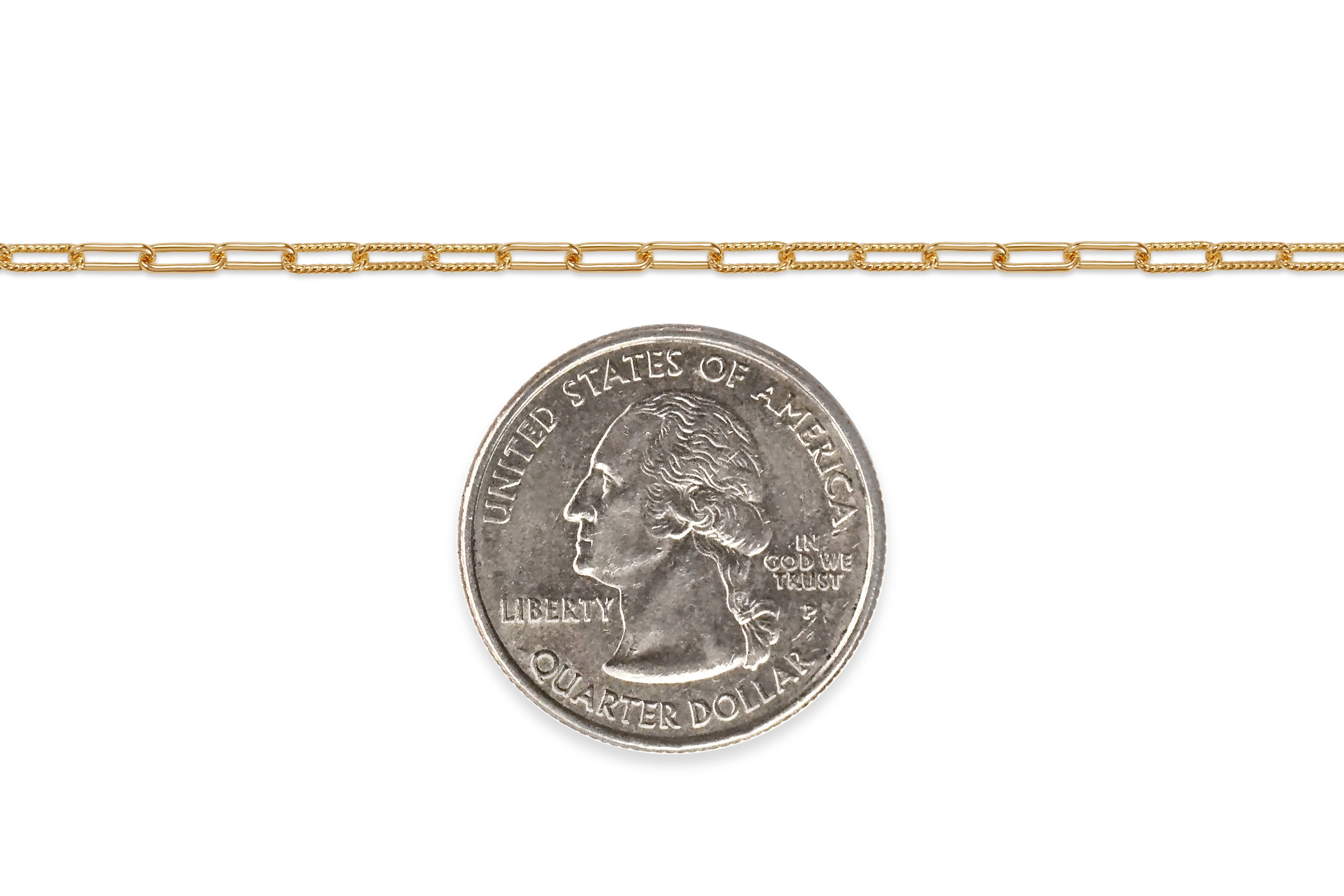 14K gold-filled paperclip chain next to a U.S. quarter dollar coin for scale