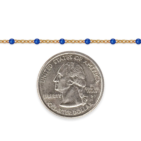 Gold chain with blue beads and a quarter dollar coin on a white background