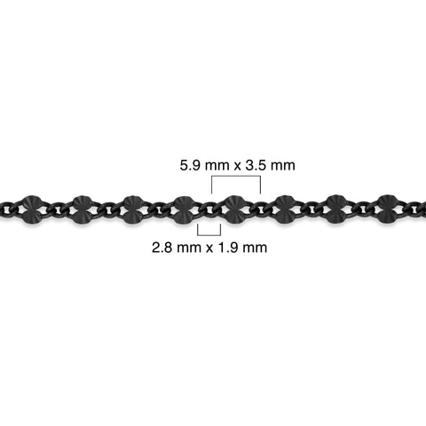 Sterling silver titanium plated chain with measurements labeled on a white background