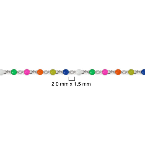 Silver chain with multicolored beaded enamel with measurement details on a white background